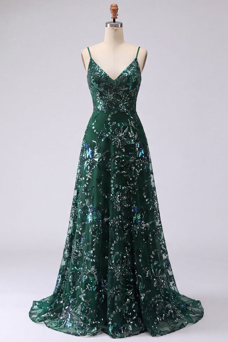 Load image into Gallery viewer, Sparkly Dark Green Spaghetti Straps A Line Floral Long Beaded Prom Dress