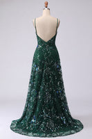 Load image into Gallery viewer, Sparkly Dark Green Spaghetti Straps A Line Floral Long Beaded Prom Dress