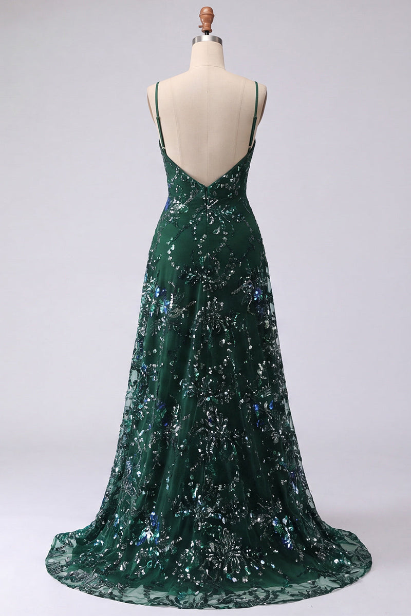 Load image into Gallery viewer, Sparkly Dark Green Spaghetti Straps A Line Floral Long Beaded Prom Dress