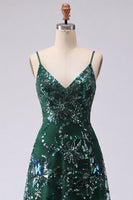 Load image into Gallery viewer, Sparkly Dark Green Spaghetti Straps A Line Floral Long Beaded Prom Dress