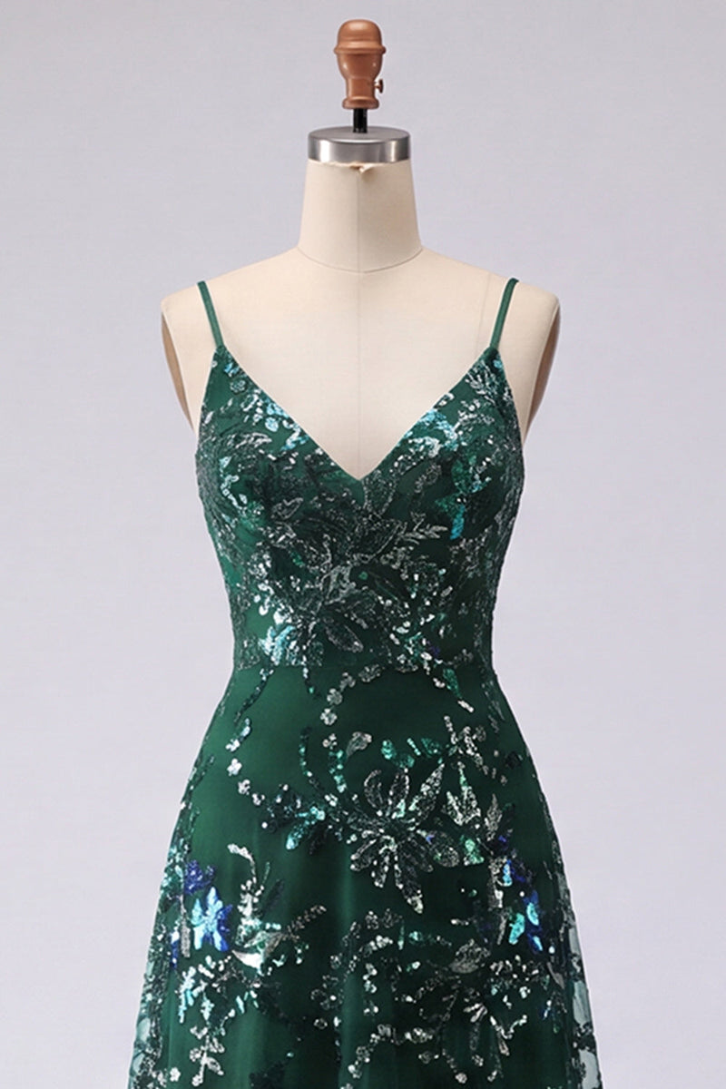 Load image into Gallery viewer, Sparkly Dark Green Spaghetti Straps A Line Floral Long Beaded Prom Dress