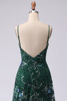 Load image into Gallery viewer, Sparkly Dark Green Spaghetti Straps A Line Floral Long Beaded Prom Dress