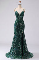 Load image into Gallery viewer, V-Neck Sparkly Mermaid Dark Green Long Floral Beaded Prom Dress with Slit