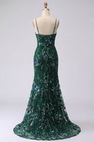 Load image into Gallery viewer, V-Neck Sparkly Mermaid Dark Green Long Floral Beaded Prom Dress with Slit