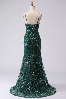V-Neck Sparkly Mermaid Dark Green Long Floral Beaded Prom Dress with Slit