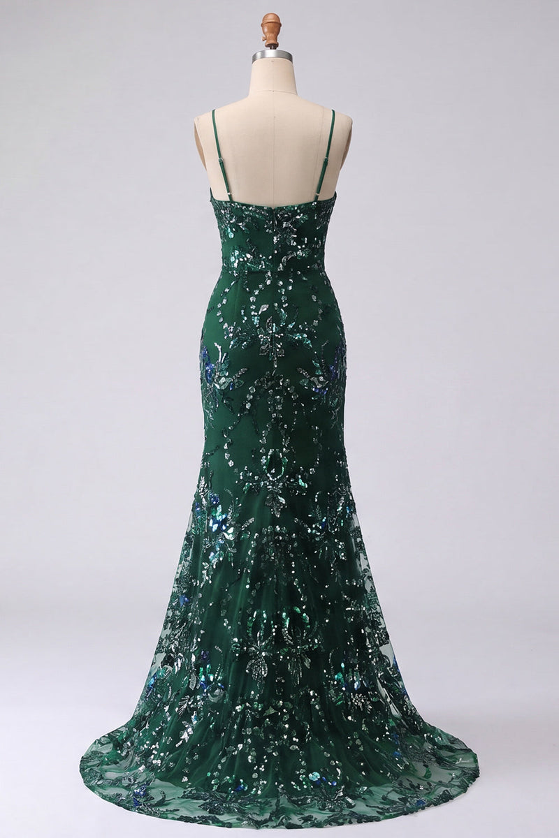 Load image into Gallery viewer, V-Neck Sparkly Mermaid Dark Green Long Floral Beaded Prom Dress with Slit