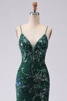 Load image into Gallery viewer, V-Neck Sparkly Mermaid Dark Green Long Floral Beaded Prom Dress with Slit
