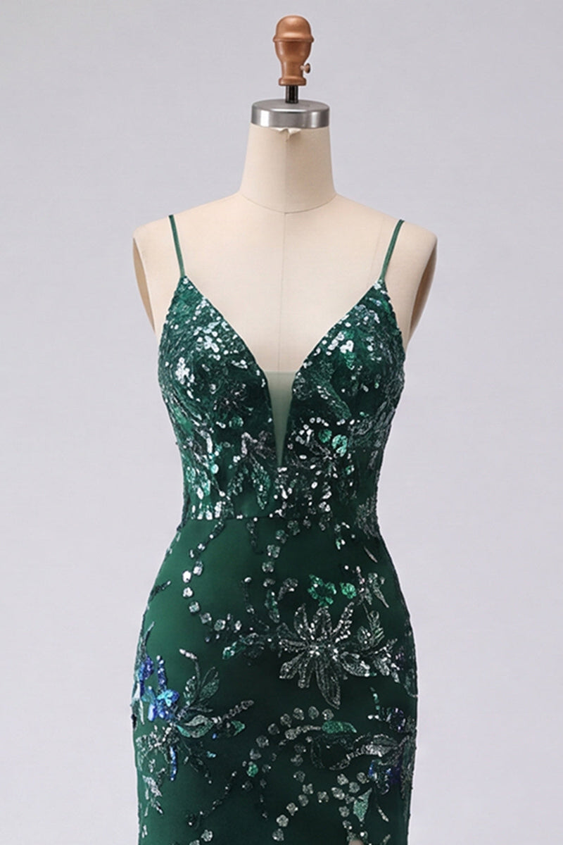 Load image into Gallery viewer, V-Neck Sparkly Mermaid Dark Green Long Floral Beaded Prom Dress with Slit