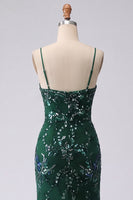 Load image into Gallery viewer, V-Neck Sparkly Mermaid Dark Green Long Floral Beaded Prom Dress with Slit