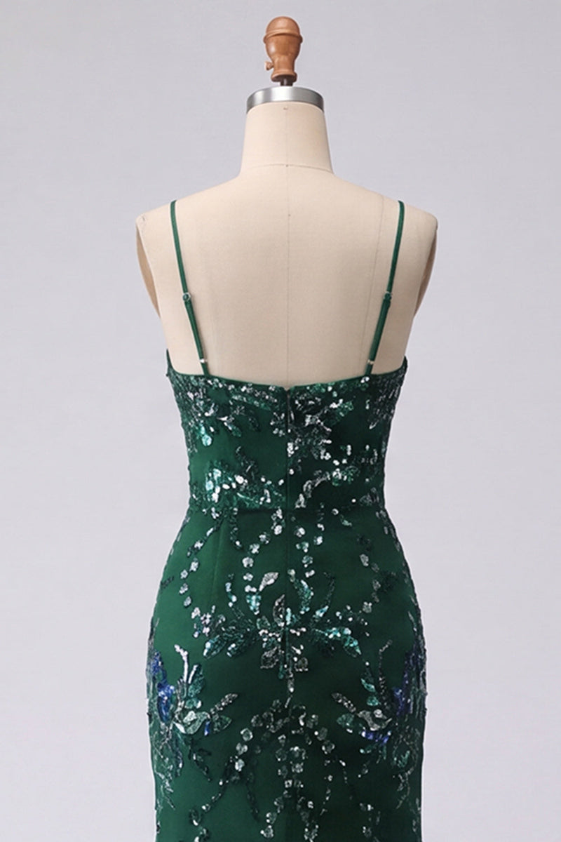 Load image into Gallery viewer, V-Neck Sparkly Mermaid Dark Green Long Floral Beaded Prom Dress with Slit