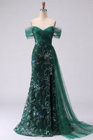 Load image into Gallery viewer, Long Mermaid Sparkly Floral Dark Green Ruched Beaded Prom Dress with Side Cape
