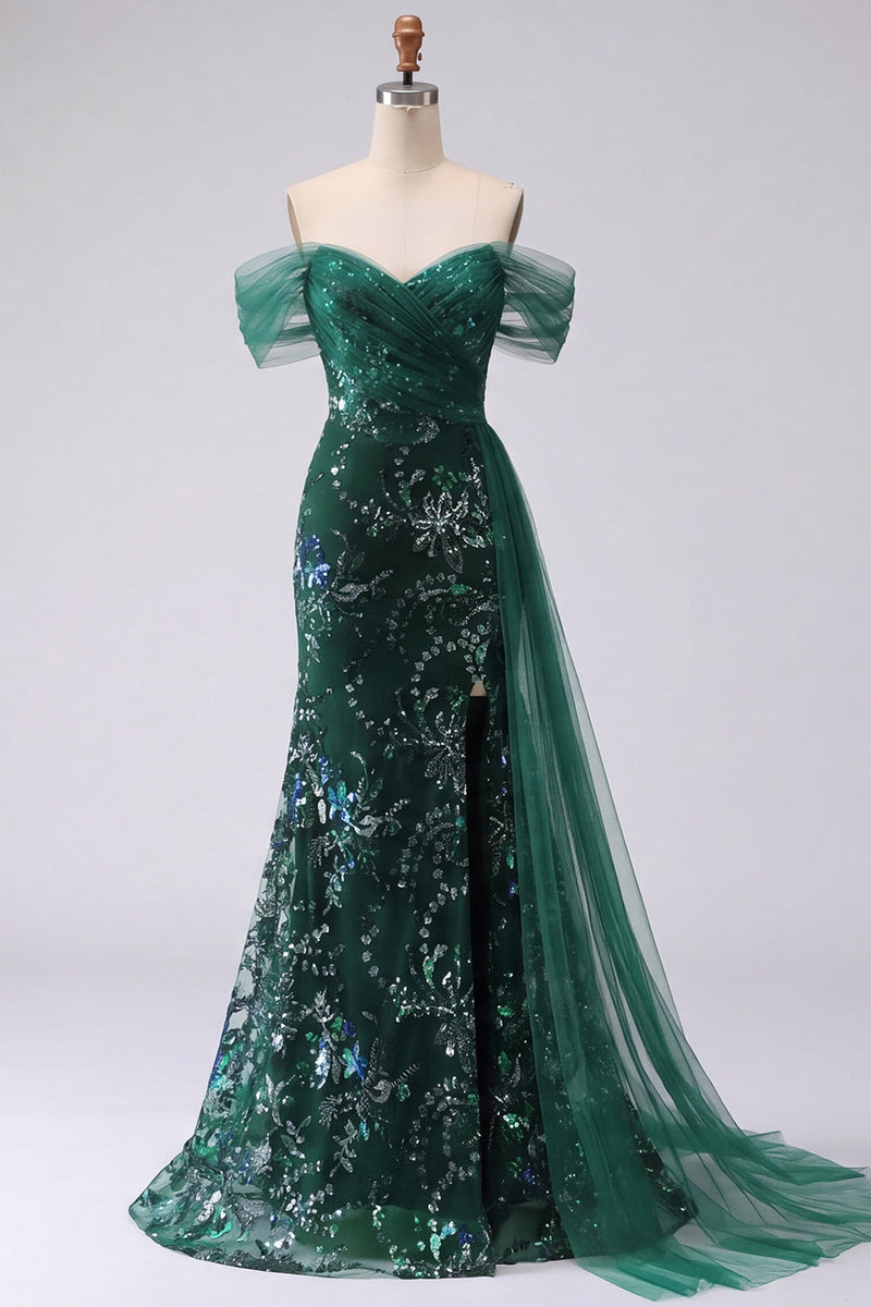Load image into Gallery viewer, Long Mermaid Sparkly Floral Dark Green Ruched Beaded Prom Dress with Side Cape