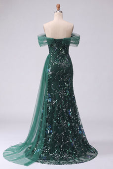 Long Mermaid Sparkly Floral Dark Green Ruched Beaded Prom Dress with Side Cape