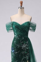 Load image into Gallery viewer, Long Mermaid Sparkly Floral Dark Green Ruched Beaded Prom Dress with Side Cape