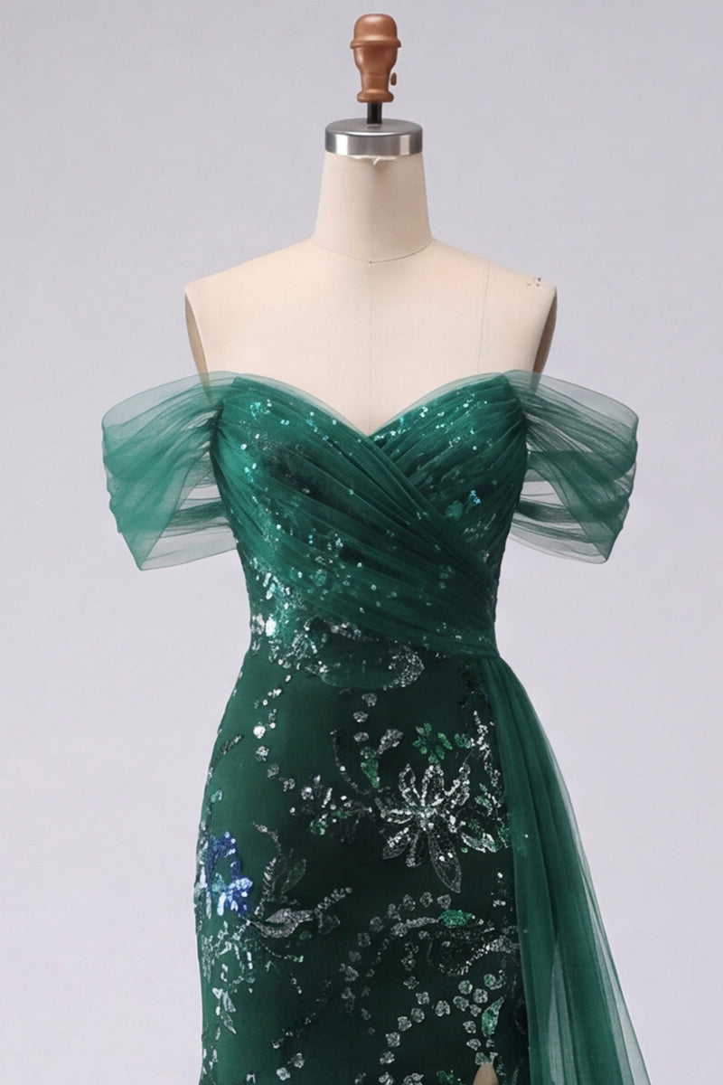 Load image into Gallery viewer, Long Mermaid Sparkly Floral Dark Green Ruched Beaded Prom Dress with Side Cape