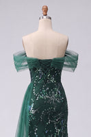 Load image into Gallery viewer, Long Mermaid Sparkly Floral Dark Green Ruched Beaded Prom Dress with Side Cape