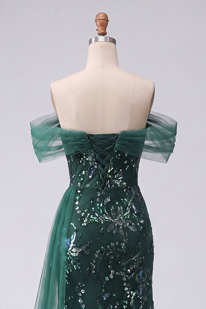 Load image into Gallery viewer, Long Mermaid Sparkly Floral Dark Green Ruched Beaded Prom Dress with Side Cape