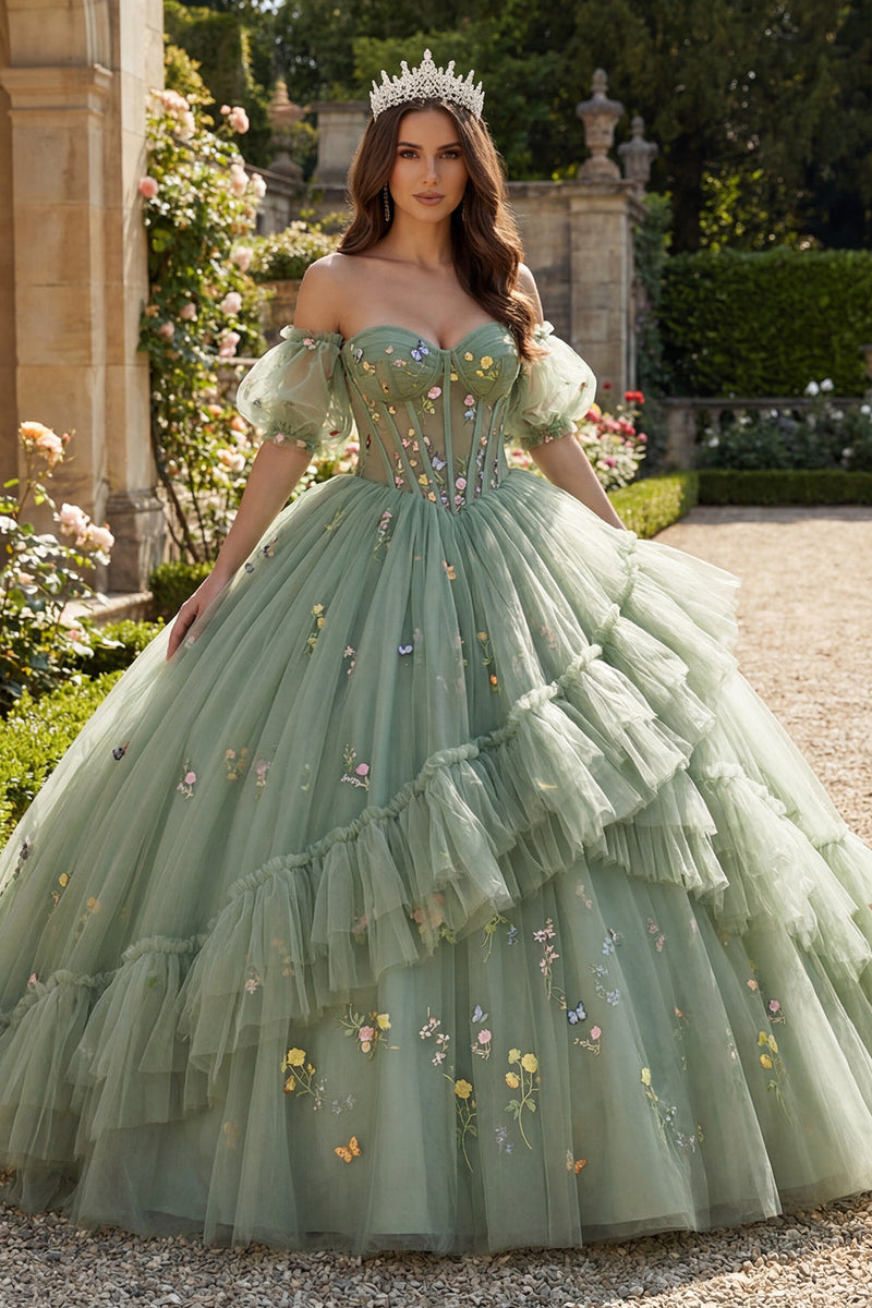 Load image into Gallery viewer, Dusty Sage Princess Floral Corset Long Quinceanera Dress with Ruffles