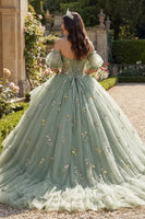 Load image into Gallery viewer, Dusty Sage Princess Floral Corset Long Quinceanera Dress with Ruffles