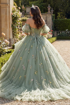 Dusty Sage Princess Floral Corset Long Quinceanera Dress with Ruffles