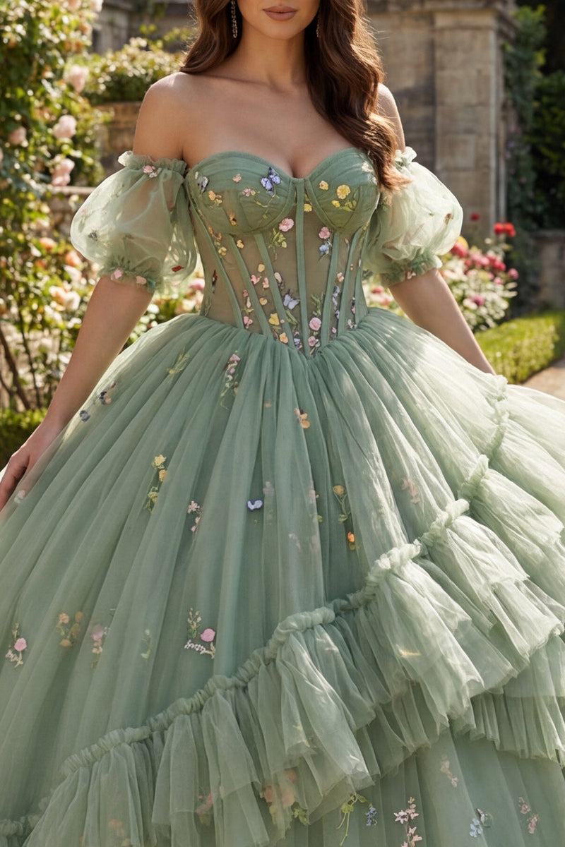 Load image into Gallery viewer, Dusty Sage Princess Floral Corset Long Quinceanera Dress with Ruffles
