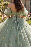 Load image into Gallery viewer, Dusty Sage Princess Floral Corset Long Quinceanera Dress with Ruffles