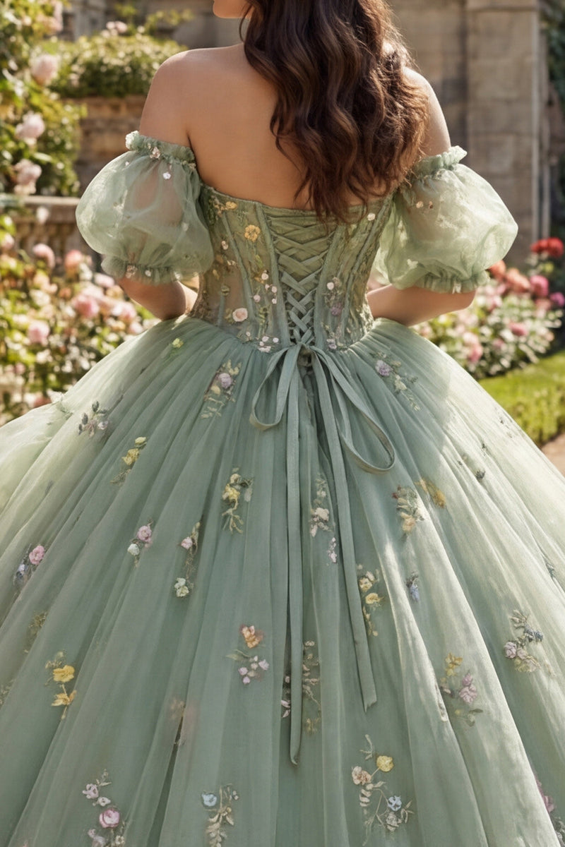 Load image into Gallery viewer, Dusty Sage Princess Floral Corset Long Quinceanera Dress with Ruffles