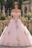Load image into Gallery viewer, Off the Shoulder Pink Princess Corset Floral Long Quinceanera Dress