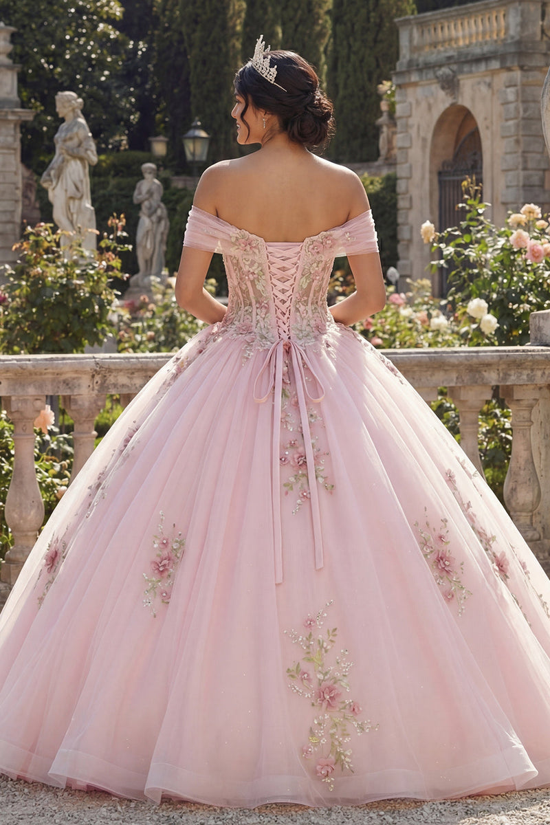 Load image into Gallery viewer, Off the Shoulder Pink Princess Corset Floral Long Quinceanera Dress