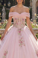 Load image into Gallery viewer, Off the Shoulder Pink Princess Corset Floral Long Quinceanera Dress