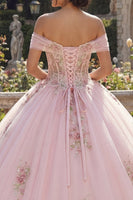 Load image into Gallery viewer, Off the Shoulder Pink Princess Corset Floral Long Quinceanera Dress