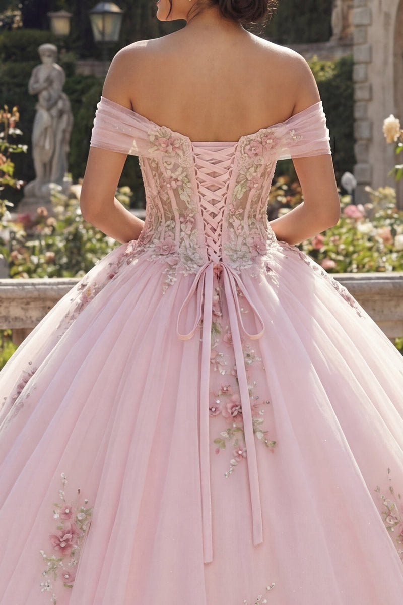 Load image into Gallery viewer, Off the Shoulder Pink Princess Corset Floral Long Quinceanera Dress