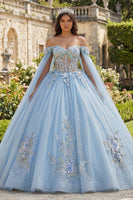 Load image into Gallery viewer, Sky Blue Glitter Princess Floral Corset Long Quinceanera Dress with Cape