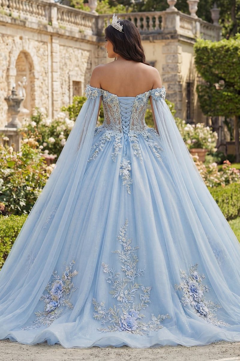 Load image into Gallery viewer, Sky Blue Glitter Princess Floral Corset Long Quinceanera Dress with Cape