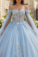 Load image into Gallery viewer, Sky Blue Glitter Princess Floral Corset Long Quinceanera Dress with Cape