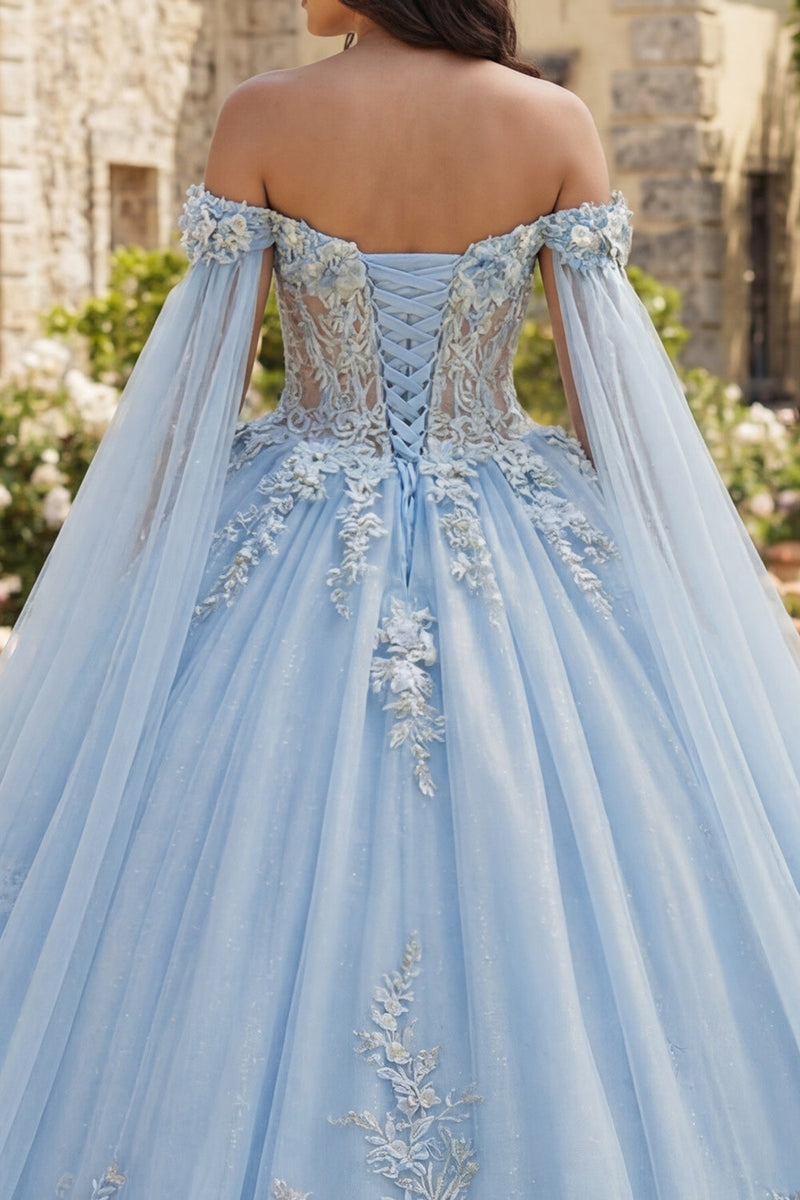 Load image into Gallery viewer, Sky Blue Glitter Princess Floral Corset Long Quinceanera Dress with Cape