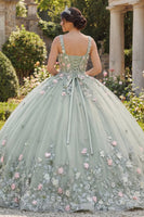 Load image into Gallery viewer, Square Neck Sage Green Princess Beaded Corset Floral Long Quinceanera Dress