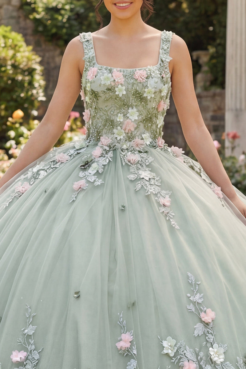 Load image into Gallery viewer, Square Neck Sage Green Princess Beaded Corset Floral Long Quinceanera Dress