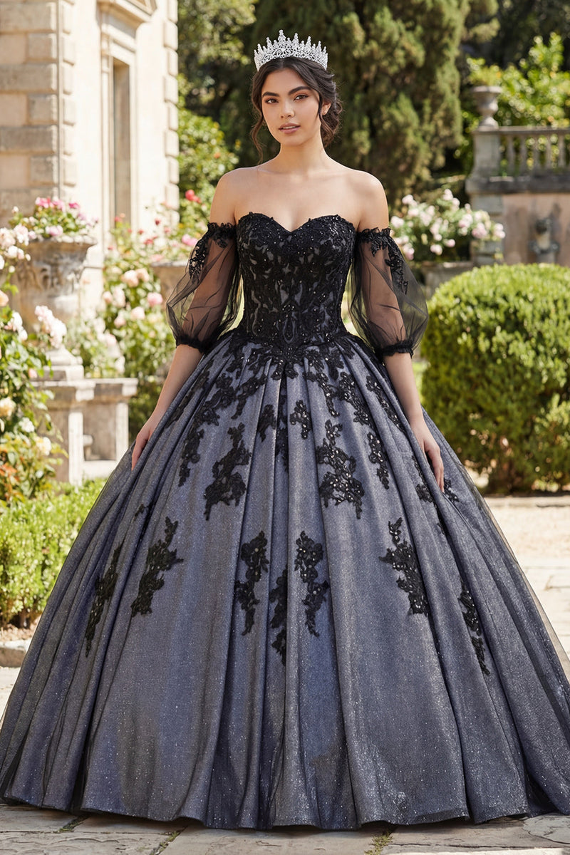 Load image into Gallery viewer, Floral Black Princess Beaded Long Quinceanera Dress with Lace