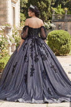 Floral Black Princess Beaded Long Quinceanera Dress with Lace