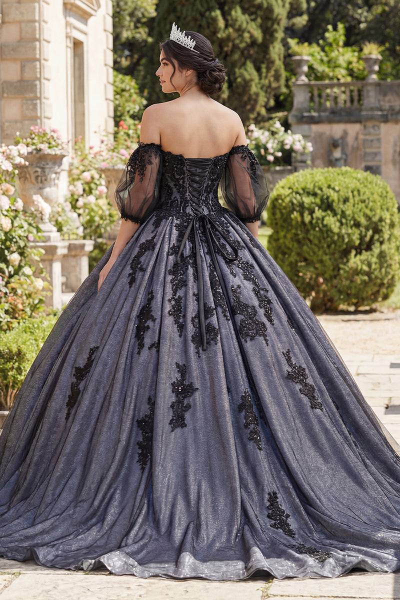 Load image into Gallery viewer, Floral Black Princess Beaded Long Quinceanera Dress with Lace