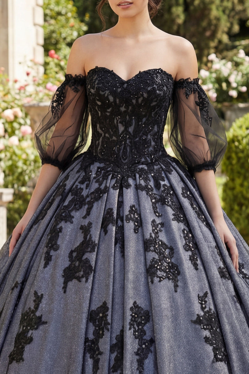 Load image into Gallery viewer, Floral Black Princess Beaded Long Quinceanera Dress with Lace