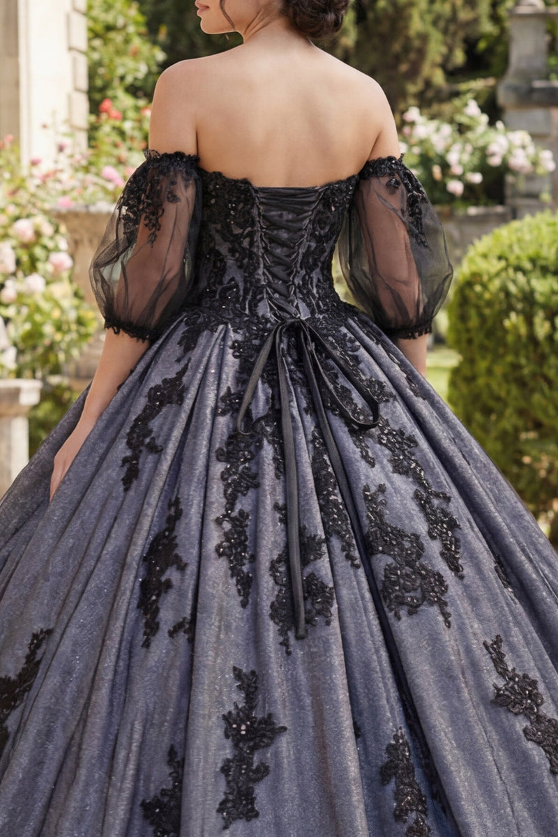 Load image into Gallery viewer, Floral Black Princess Beaded Long Quinceanera Dress with Lace