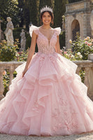 Load image into Gallery viewer, V-Neck Pink Princess Floral Corset Long Quinceanera Dress with Ruffles