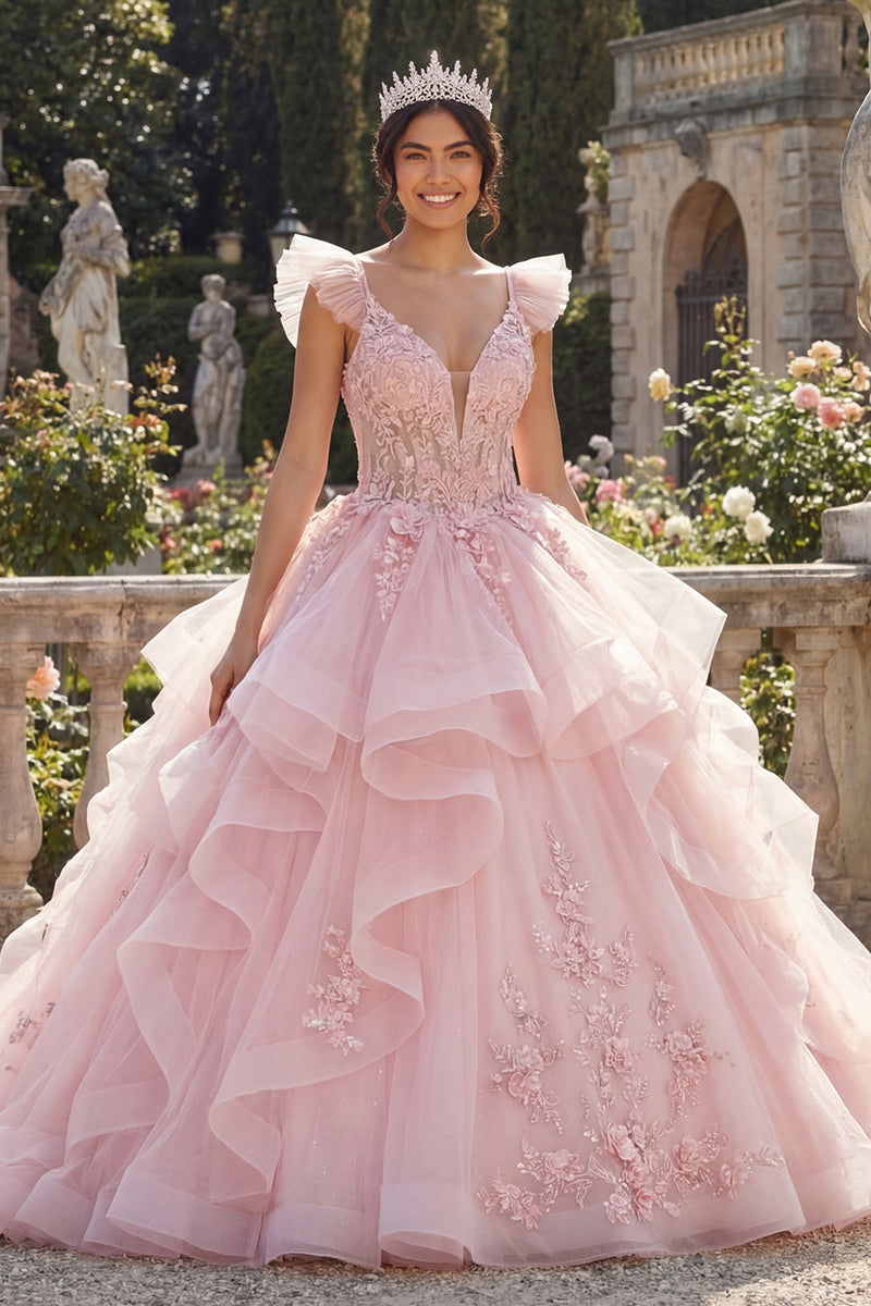 Load image into Gallery viewer, V-Neck Pink Princess Floral Corset Long Quinceanera Dress with Ruffles