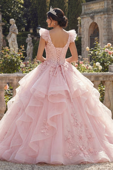 V-Neck Pink Princess Floral Corset Long Quinceanera Dress with Ruffles