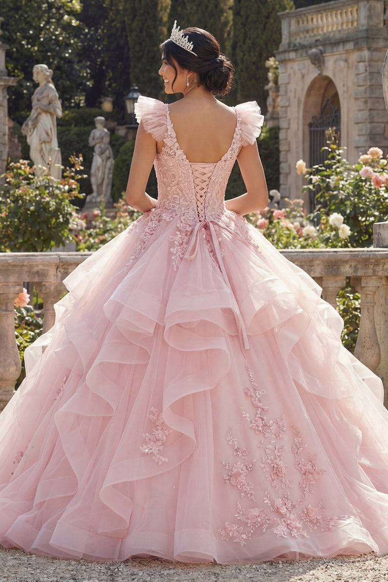 Load image into Gallery viewer, V-Neck Pink Princess Floral Corset Long Quinceanera Dress with Ruffles