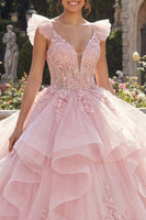 Load image into Gallery viewer, V-Neck Pink Princess Floral Corset Long Quinceanera Dress with Ruffles