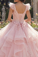 Load image into Gallery viewer, V-Neck Pink Princess Floral Corset Long Quinceanera Dress with Ruffles