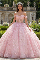 Load image into Gallery viewer, Pink Princess Sequin Corset Floral Long Off the Shoulder Quinceanera Dress